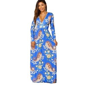 Maxi Dress Paisley Blue Floral V Neck Size M &L NWT